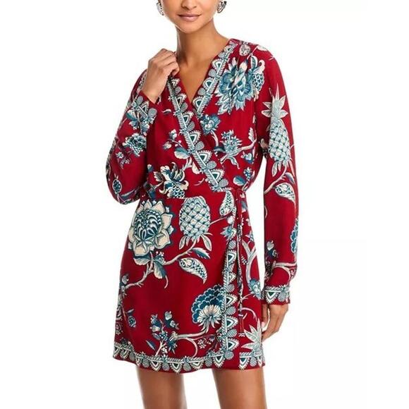 Farm Rio Tropical Landing Floral Wrap Neck Mini Dress Women's Size XS Red - Picture 1 of 5